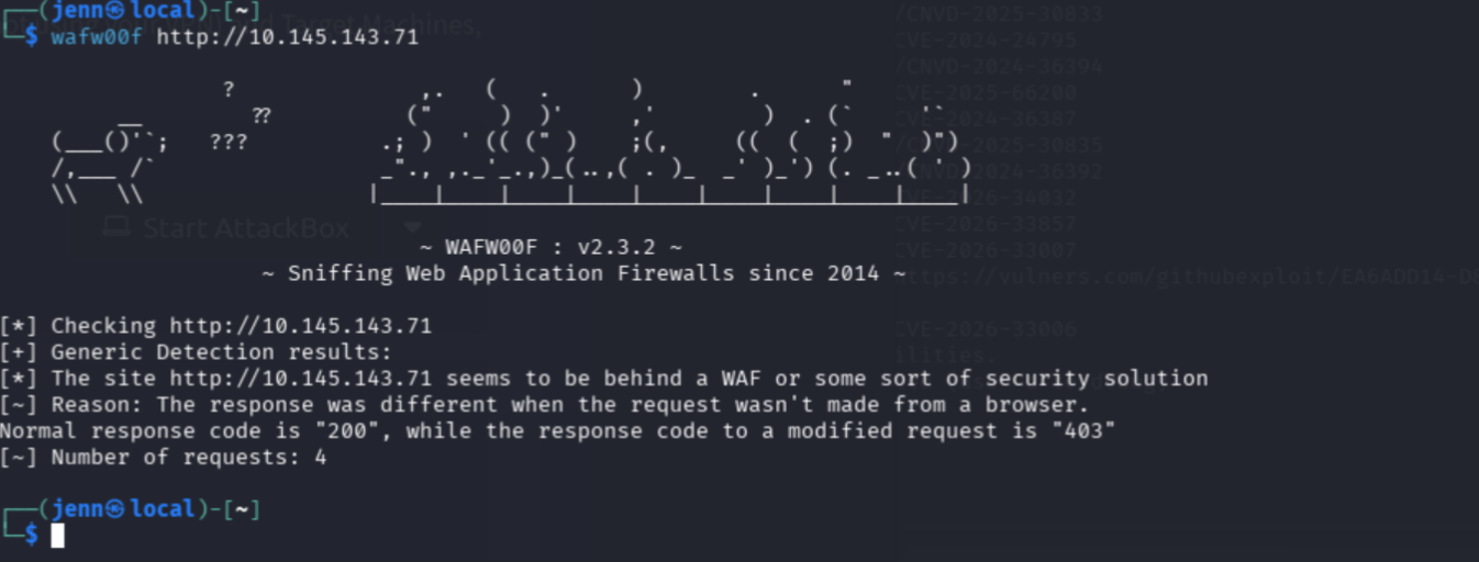 wafw00f output confirming WAF presence